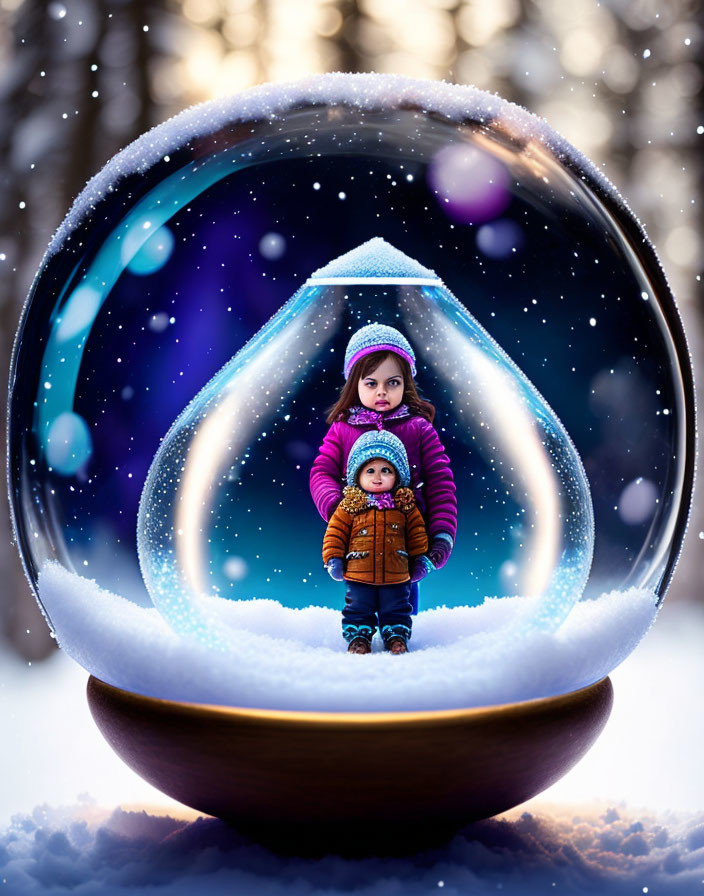 Children in large transparent snow globe with snowy backdrop