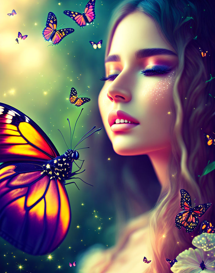 Woman with butterflies in mystical setting