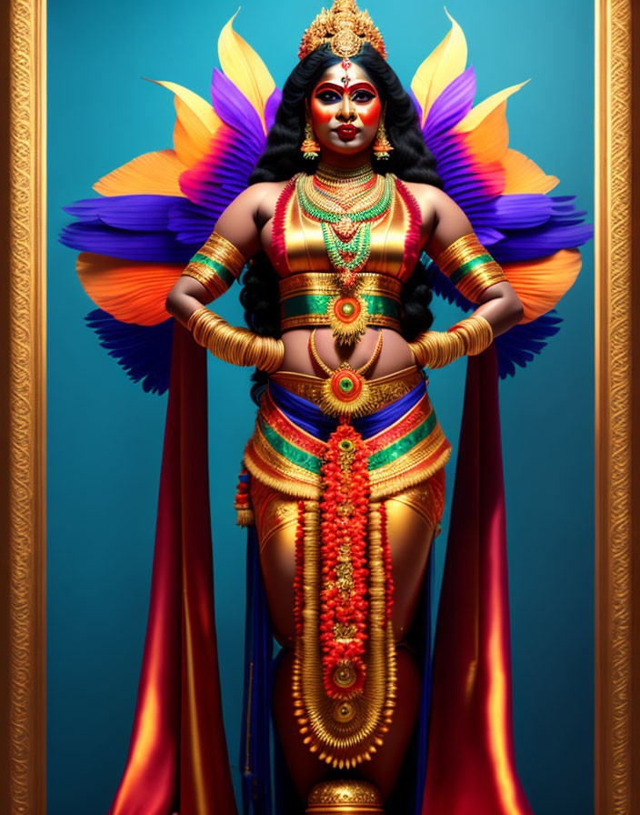 Vibrant Goddess depiction with golden jewelry and Indian attire