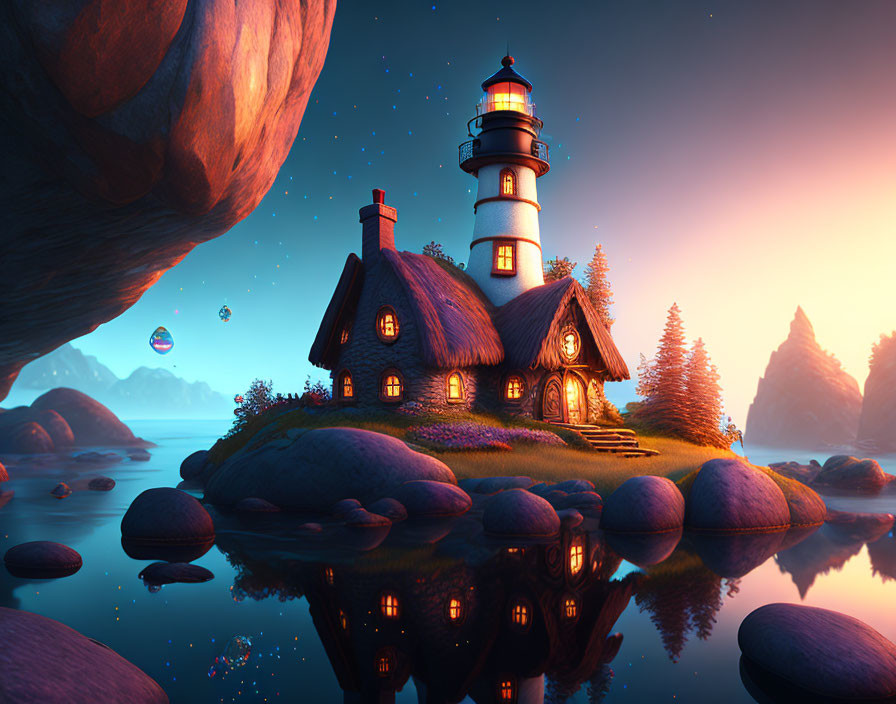 Whimsical lighthouse and cottage on island at sunset with hot air balloons