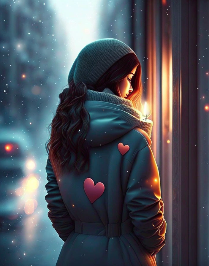 Woman in heart patch hoodie looking out window at snowflakes