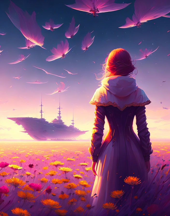 Woman in vintage dress gazes at ship in sky amidst flower field