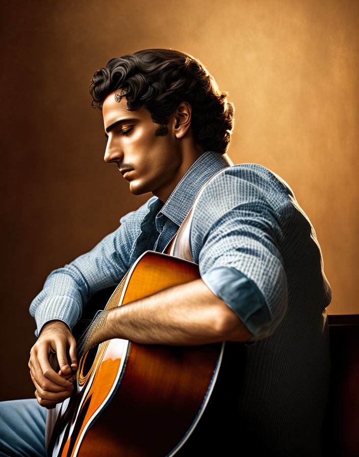 Curly Haired Man Playing Acoustic Guitar in Blue Shirt