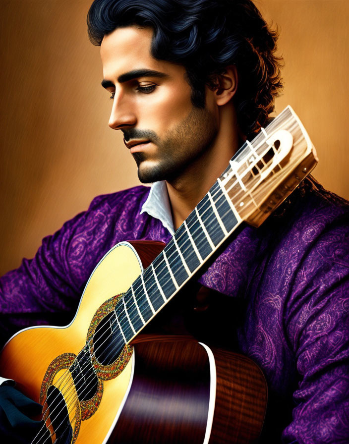 Dark-Haired Man Holding Classic Guitar in Purple Shirt