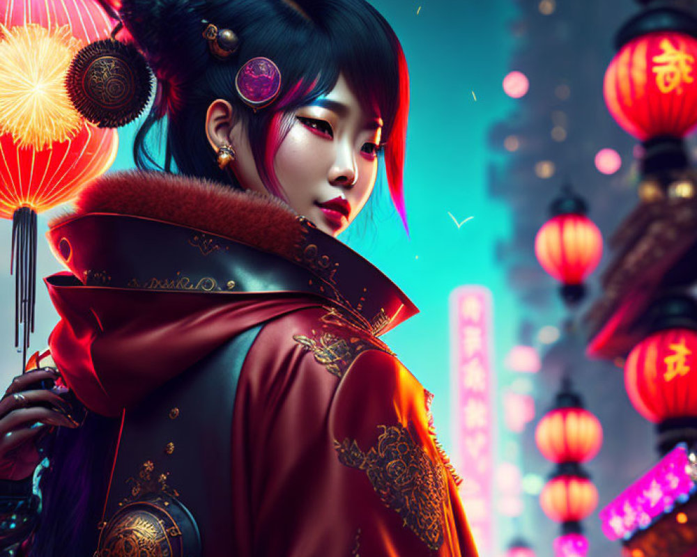 Traditional Asian Attire Woman Among Vibrant Lanterns