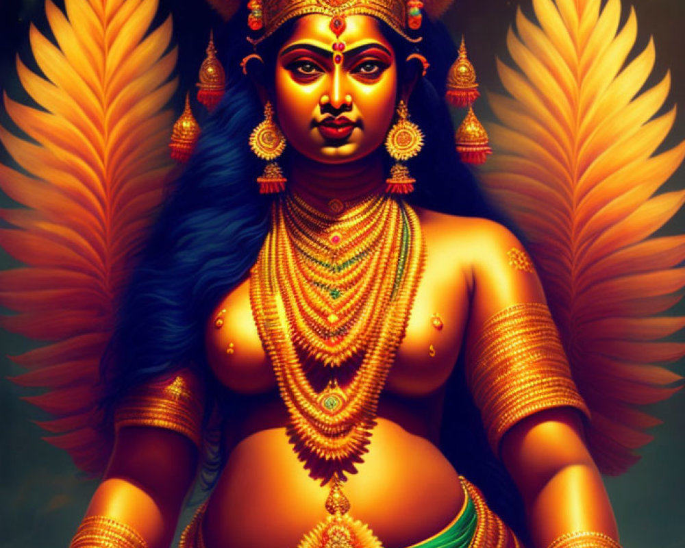 Blue-skinned four-armed deity with fiery wings and golden jewelry in celestial setting