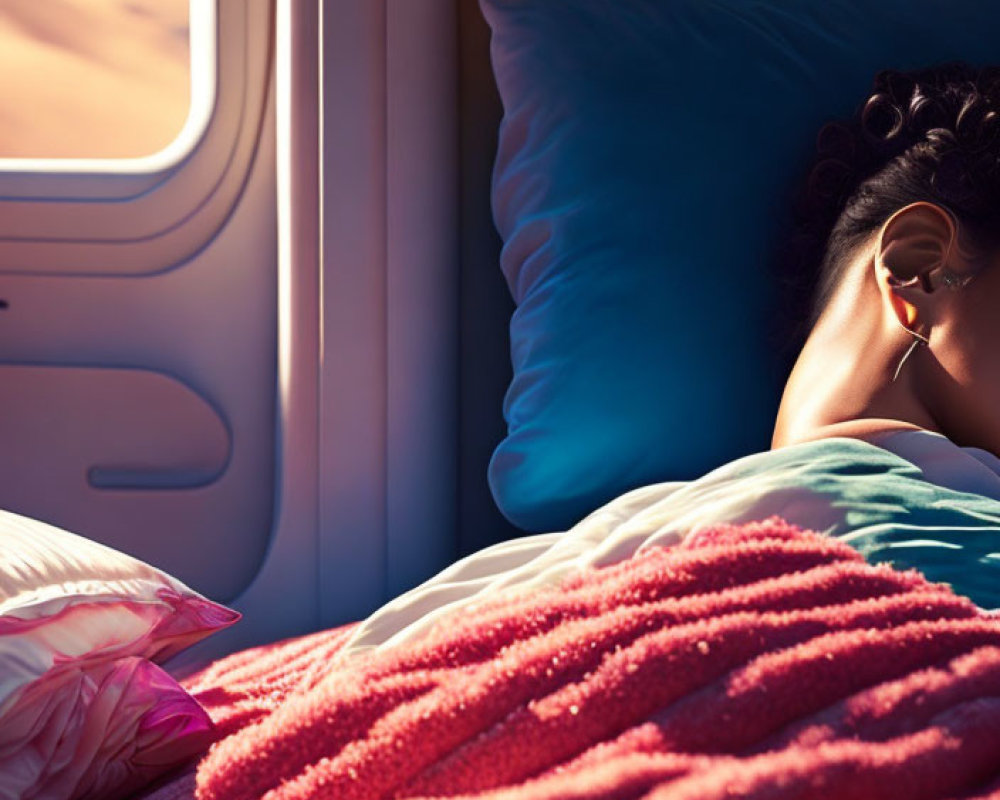 Passenger resting under coral blanket near airplane window at sunset