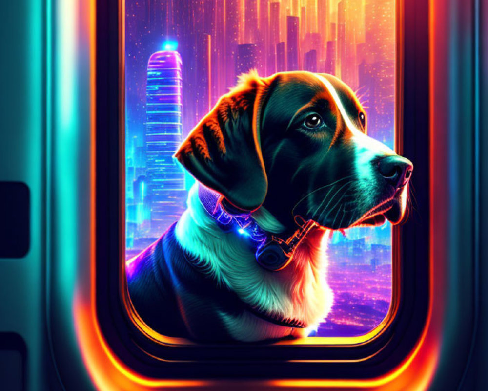 Glowing collar dog gazes at neon cityscape from spacecraft.