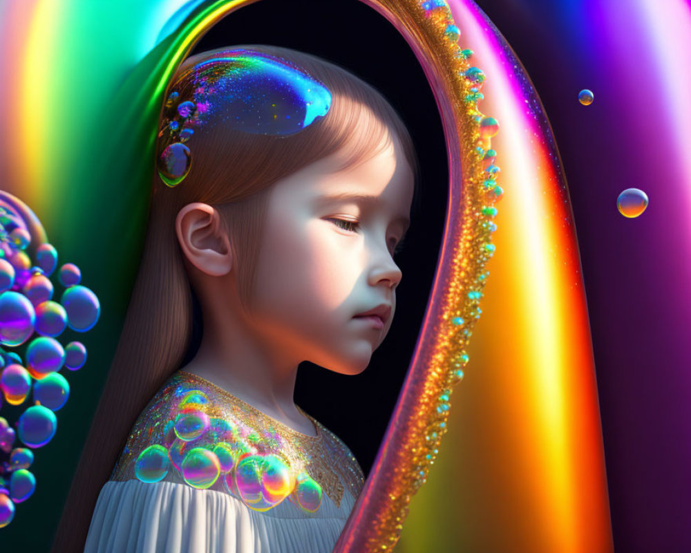 Young girl in surreal, colorful swirls and bubbles portrait.