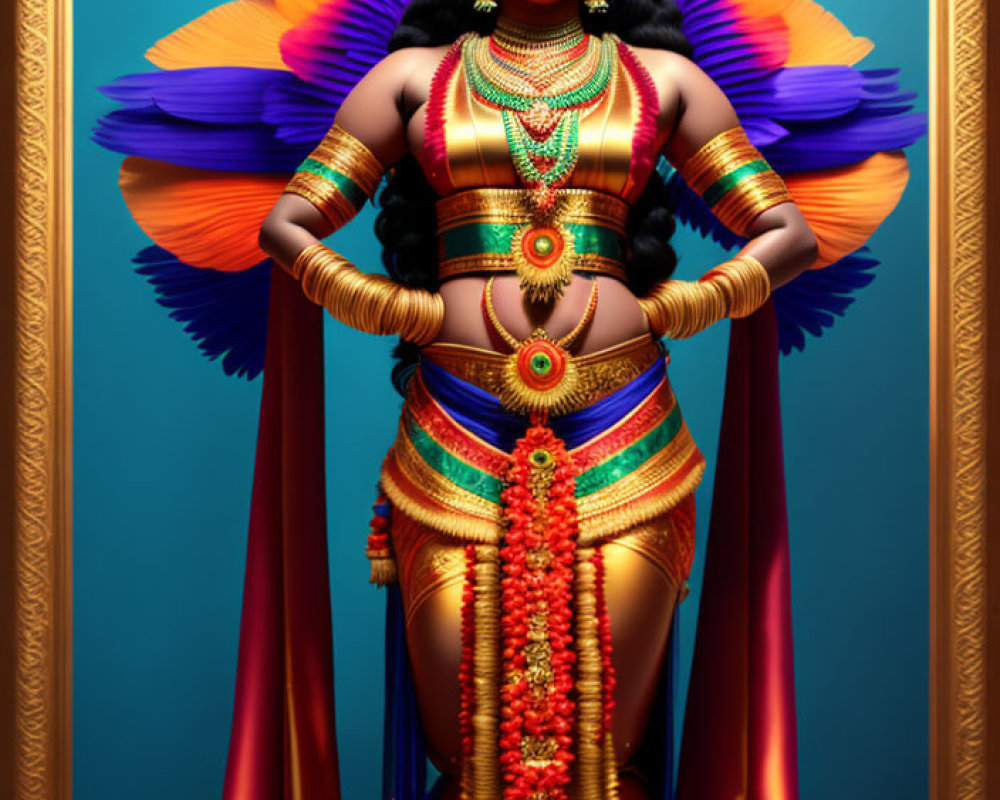 Vibrant Goddess depiction with golden jewelry and Indian attire