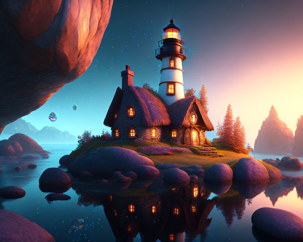 Whimsical lighthouse and cottage on island at sunset with hot air balloons