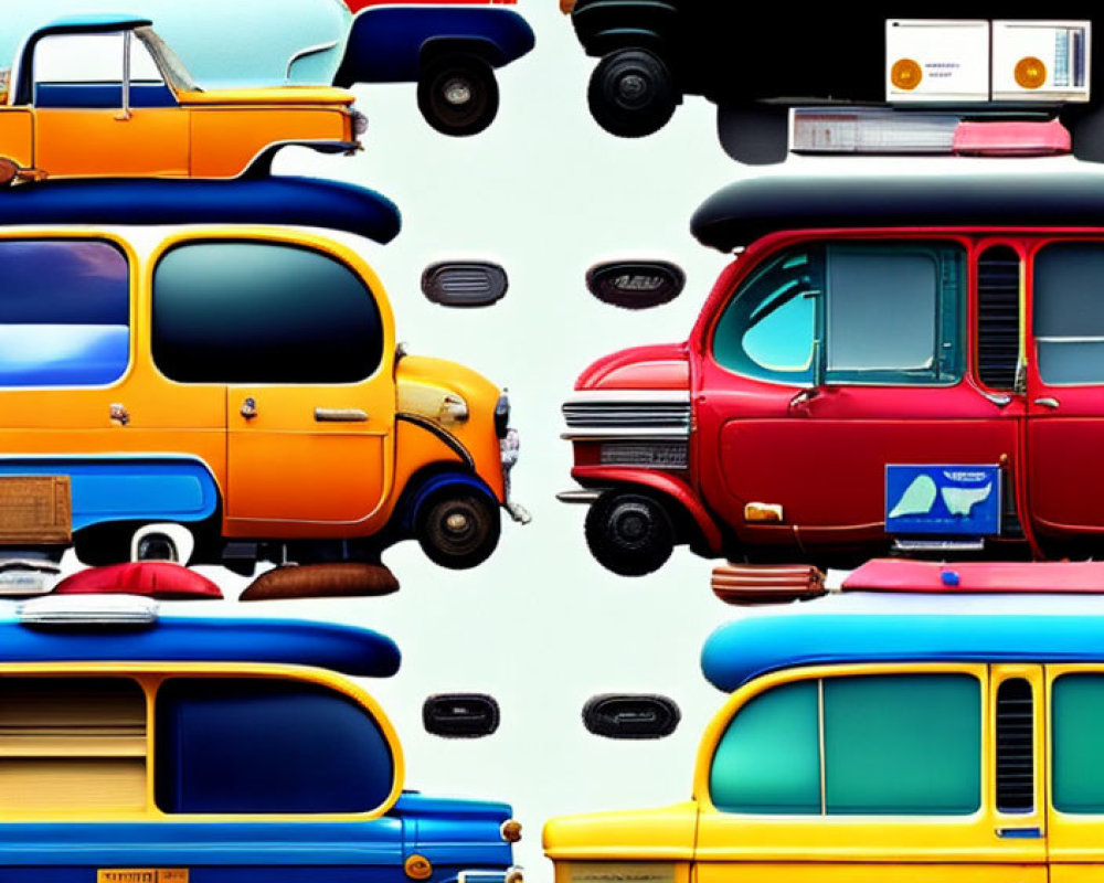 Vibrant vintage cars in grid pattern on pale background
