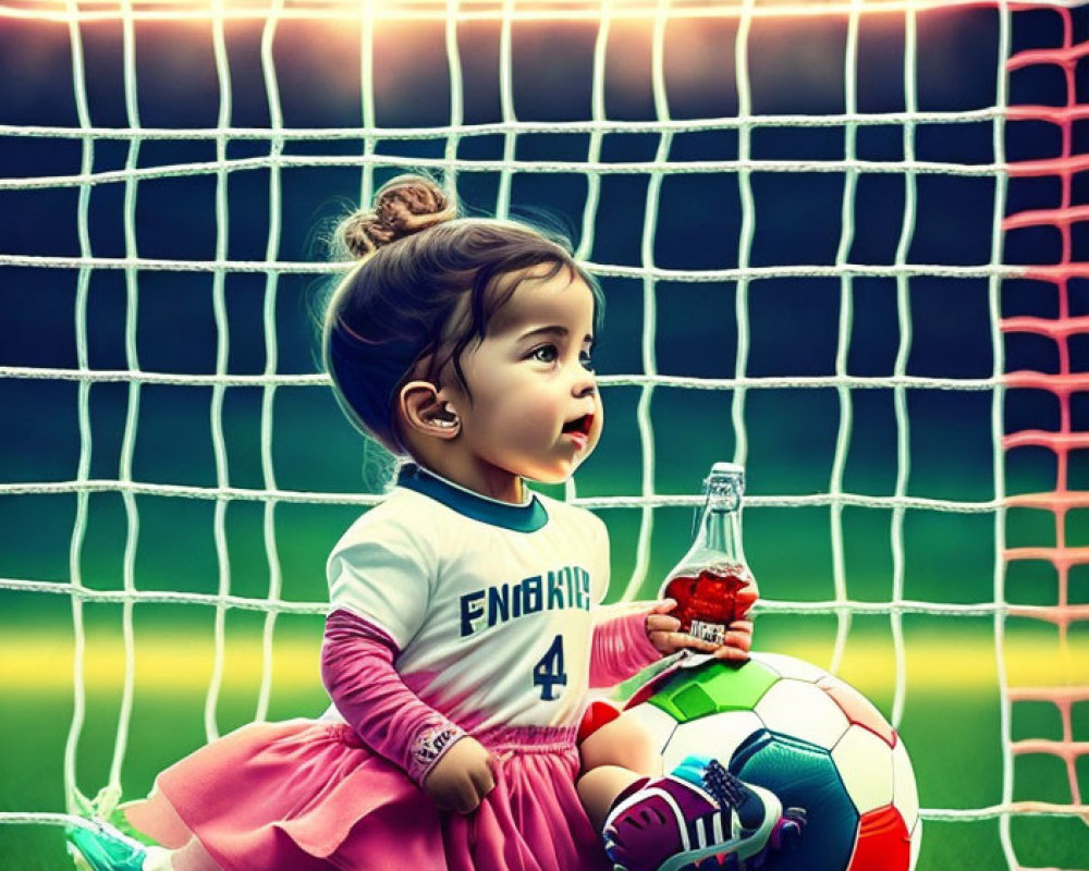 Child in pink skirt with soccer ball and drink in front of goal