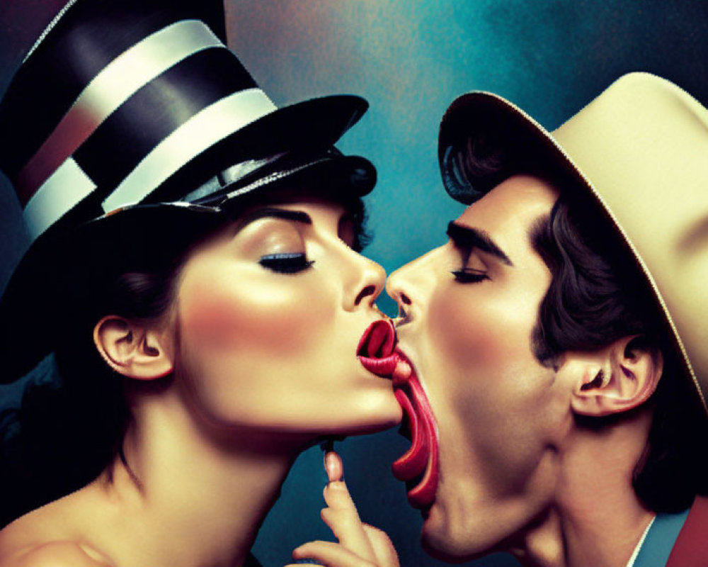 Stylish hats couple kissing against vibrant backdrop