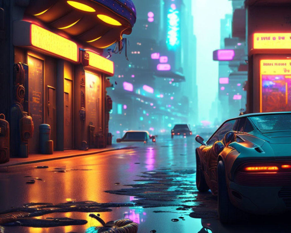 Futuristic city street at dusk with neon lights and parked car