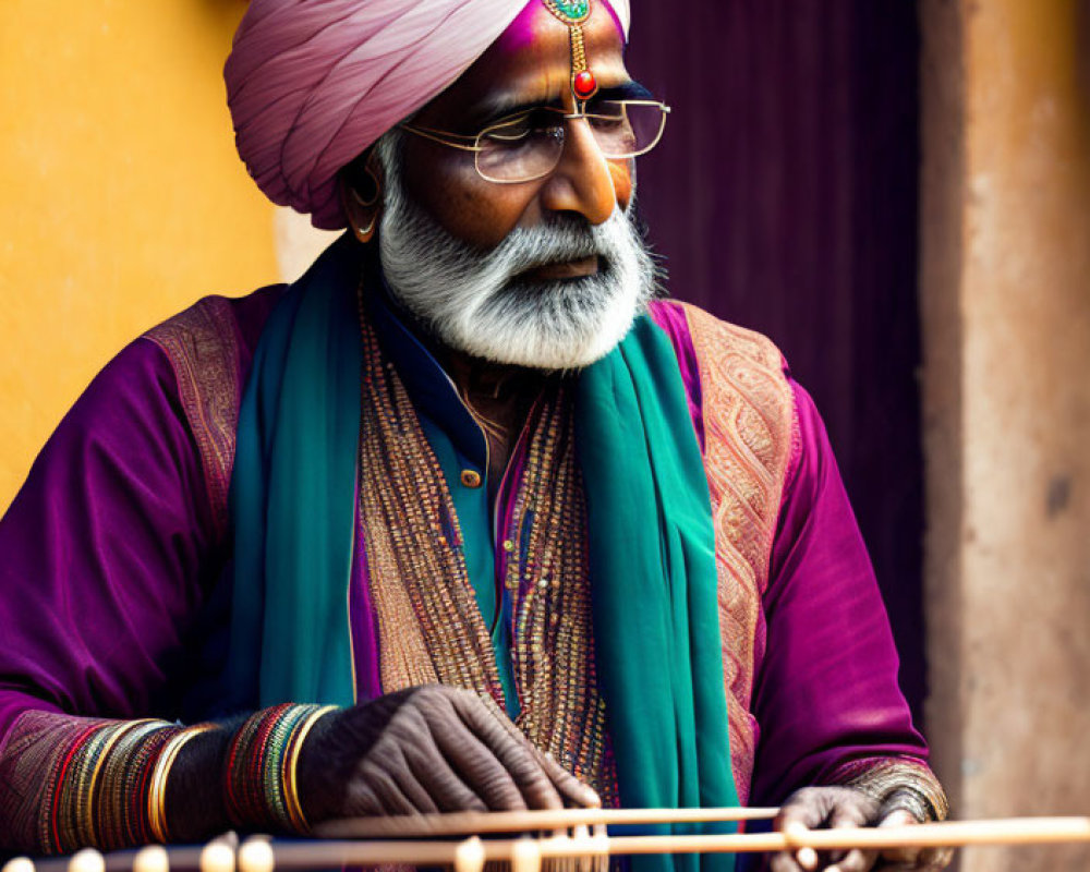Traditional Indian Attire Man Playing Stringed Instrument on Purple Backdrop