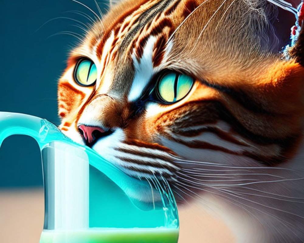 Orange Tabby Cat with Green Eyes and Pouring Liquid on Blue Background