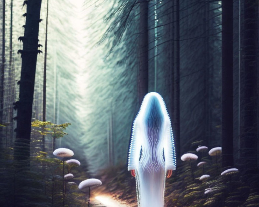 Glowing spectral figure on forest path with mist and tall trees