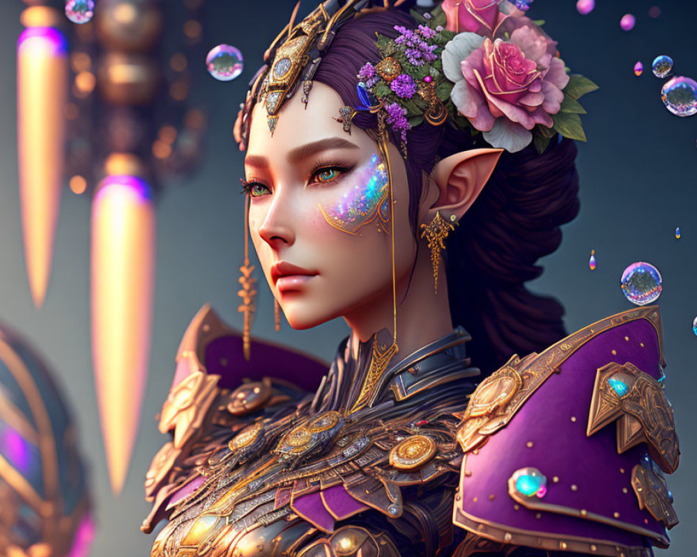 Digital Art: Elf in Ornate Armor with Floral Decorations
