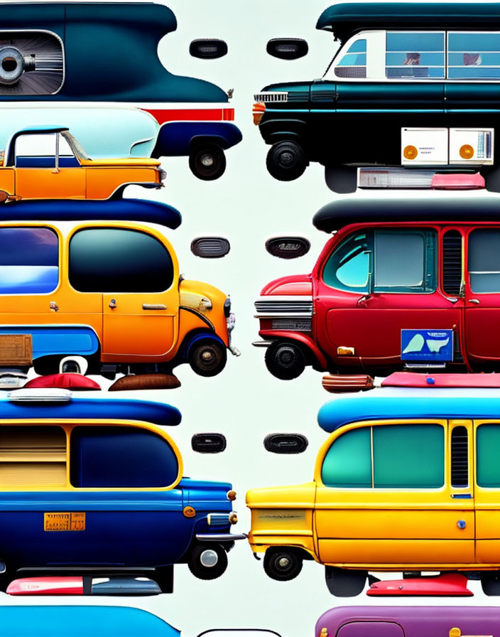 Vibrant vintage cars in grid pattern on pale background