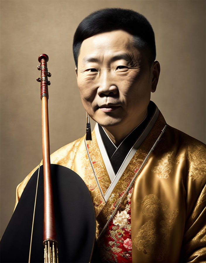 Traditional Asian man with stringed instrument on gold backdrop