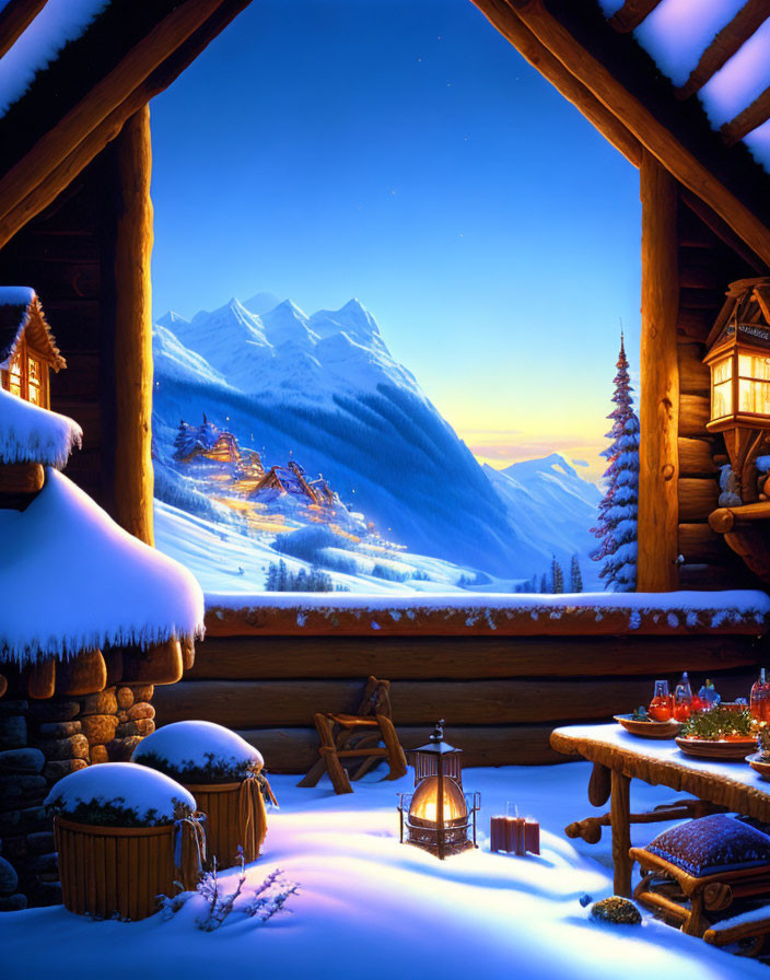 Snow-covered log cabin in winter night scene with glowing village, starry skies, and holiday table.