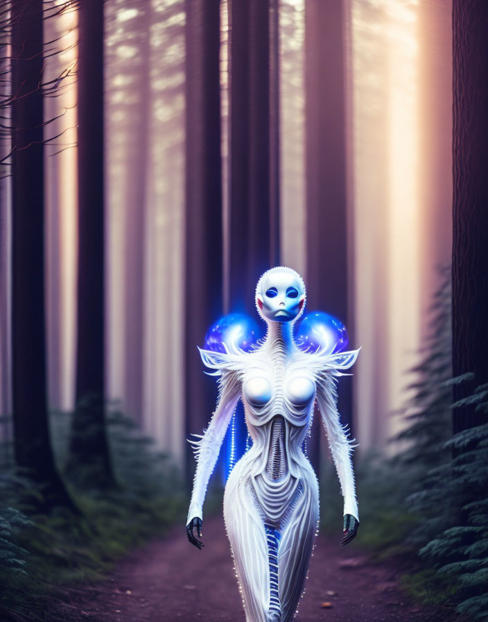 Sleek white alien with blue accents in misty forest among tall trees
