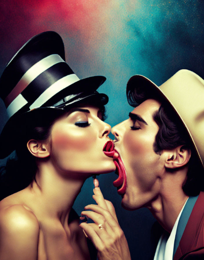 Stylish hats couple kissing against vibrant backdrop