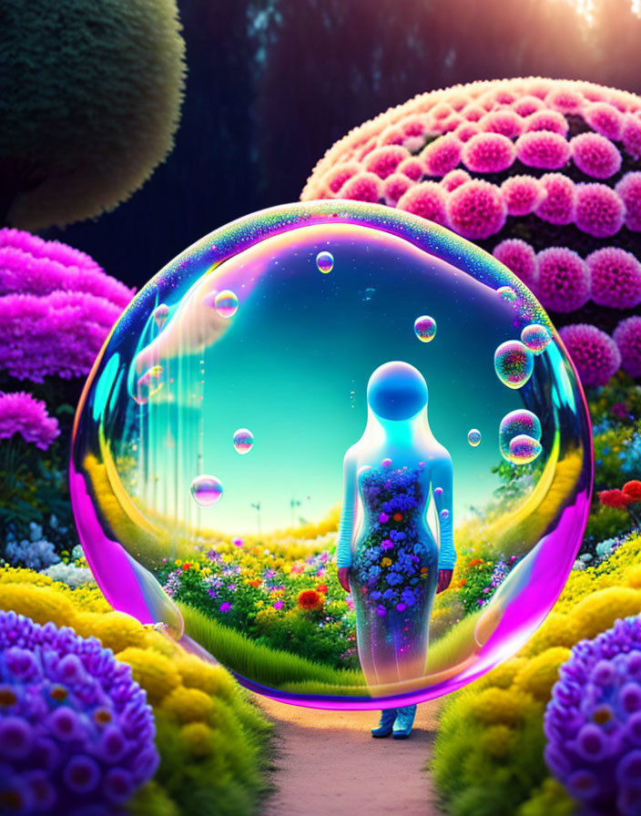 Silhouette in vibrant bubble with colorful flora under dream-like sky