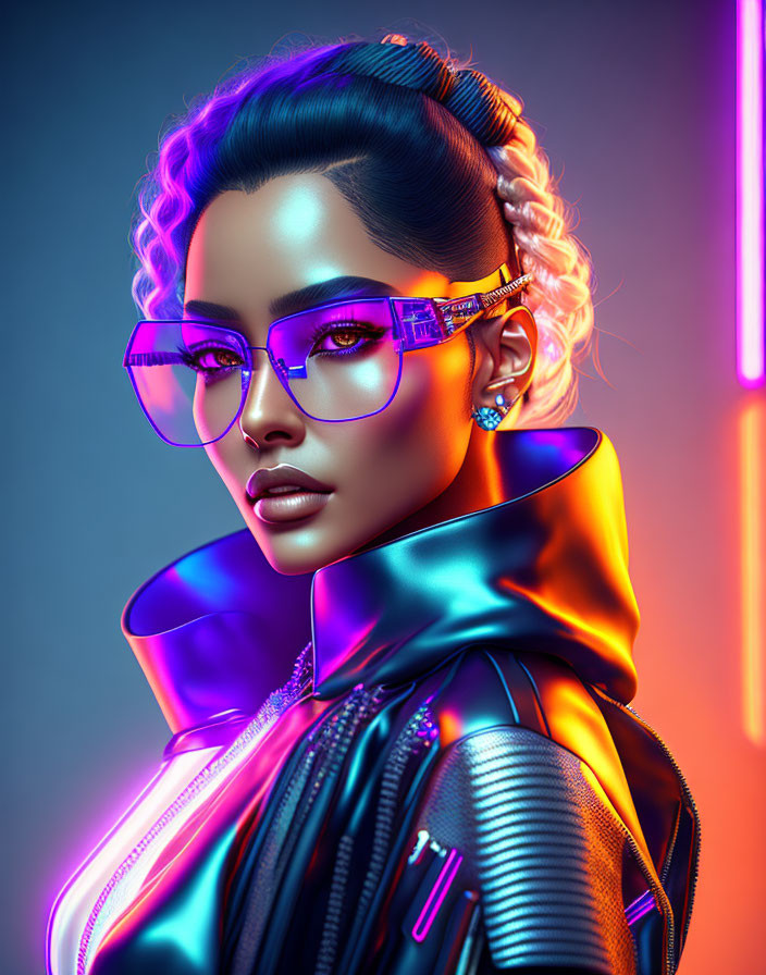 Neon Pink and Blue Digital Art Portrait of Woman with Stylish Sunglasses