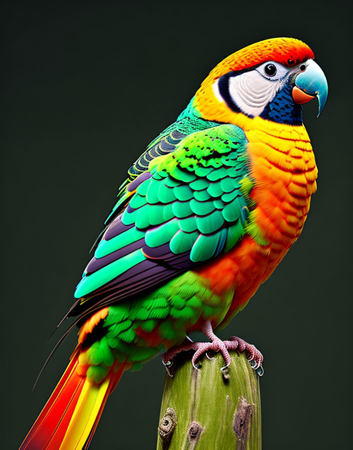 Colorful Parrot with Yellow, Green, Blue, and Red Feathers on Wooden Perch
