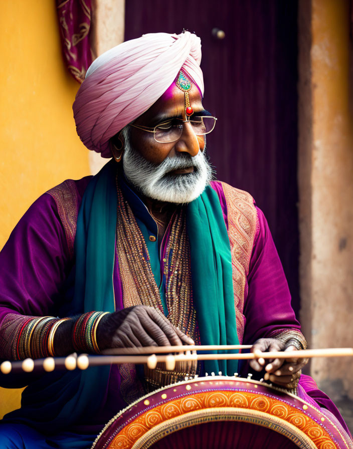 Traditional Indian Attire Man Playing Stringed Instrument on Purple Backdrop
