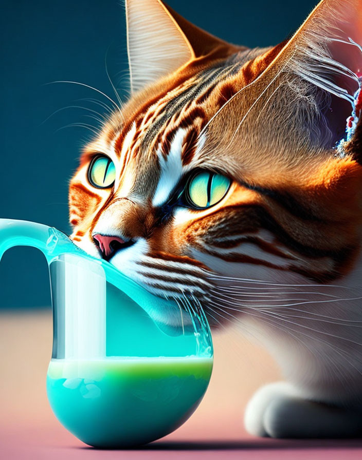 Orange Tabby Cat with Green Eyes and Pouring Liquid on Blue Background