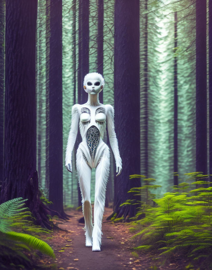 Alien figure in futuristic white costume on forest pathway
