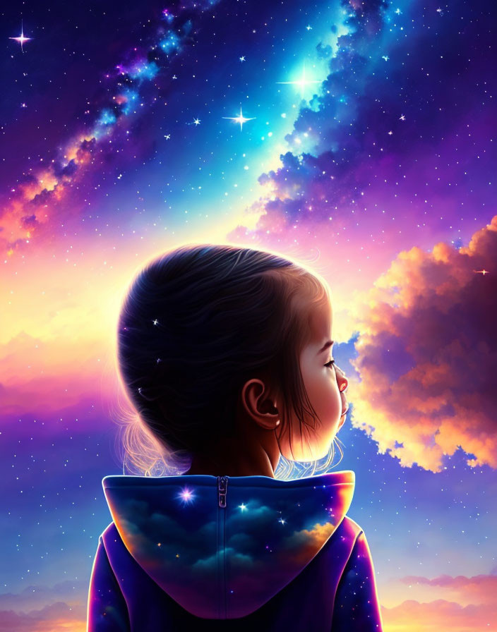 Young girl in galaxy-patterned hoodie under vibrant cosmic sky