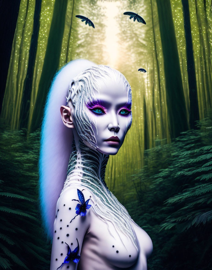 Mystical alien with blue skin, purple eyes, white hair, and black butterflies in forest.