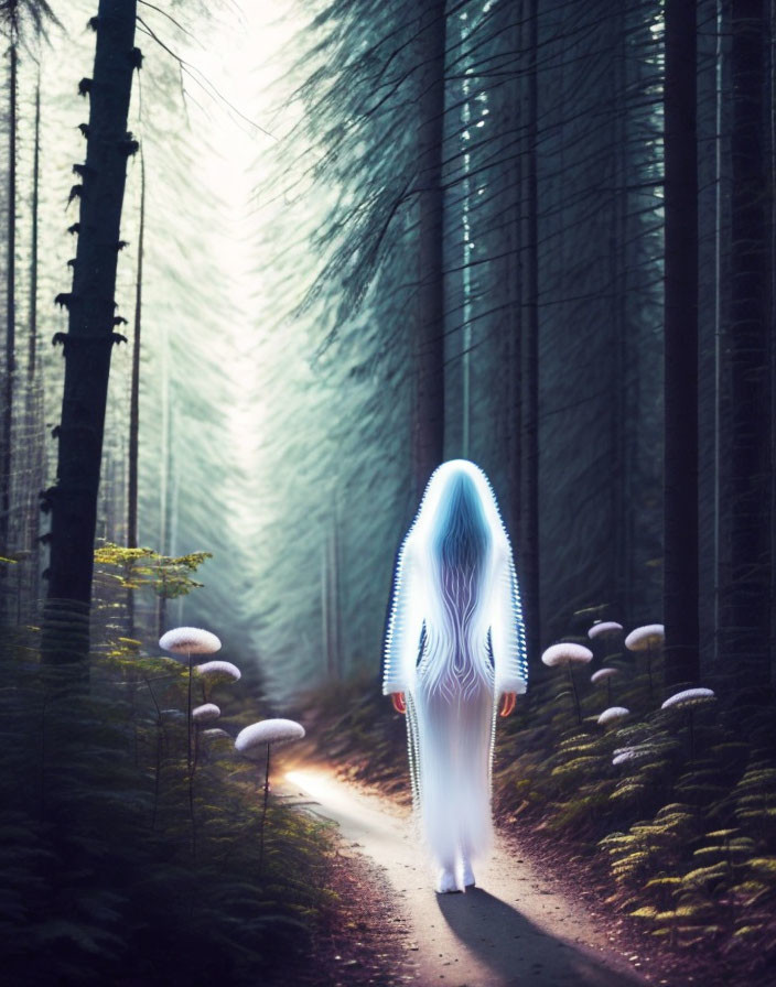 Glowing spectral figure on forest path with mist and tall trees