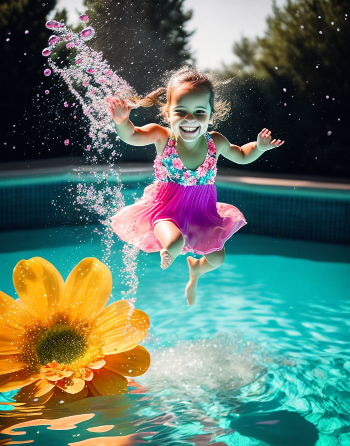 Young girl in pink dress leaping over swimming pool with vibrant water splashes and yellow flower