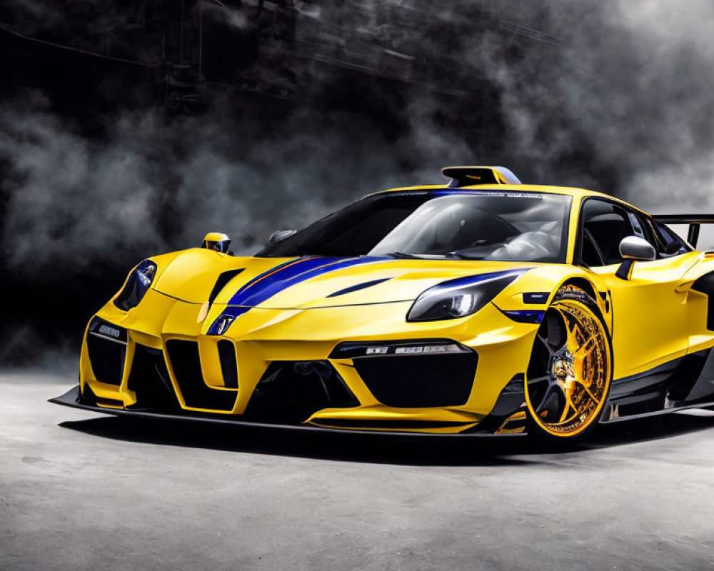 Yellow Sports Car with Blue Stripes and Yellow-Rimmed Wheels on Dark Background