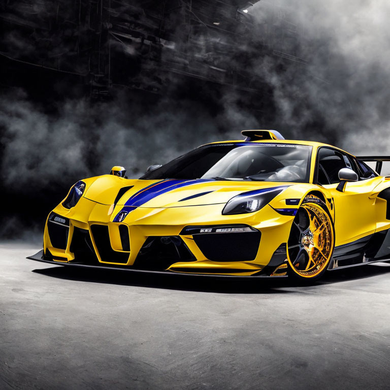 Yellow Sports Car with Blue Stripes and Yellow-Rimmed Wheels on Dark Background