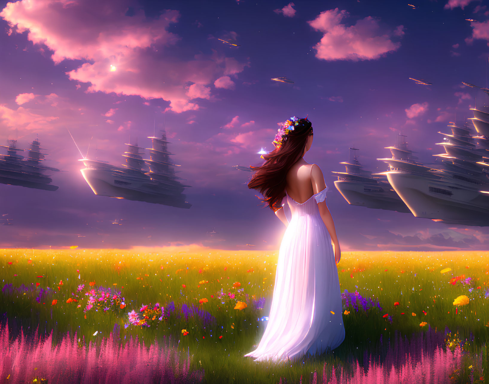 Woman in white dress and flower crown in vibrant field at sunset with shooting stars and floating islands.