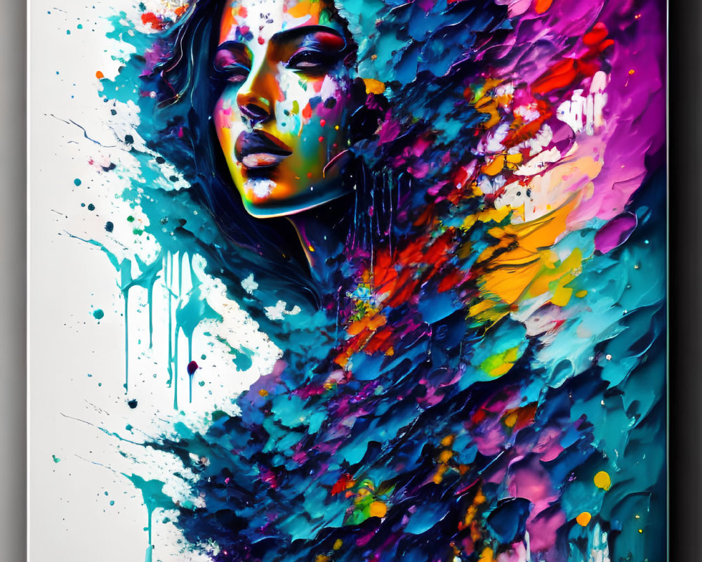 Vibrant abstract painting: Woman's face merging with colorful paint splashes