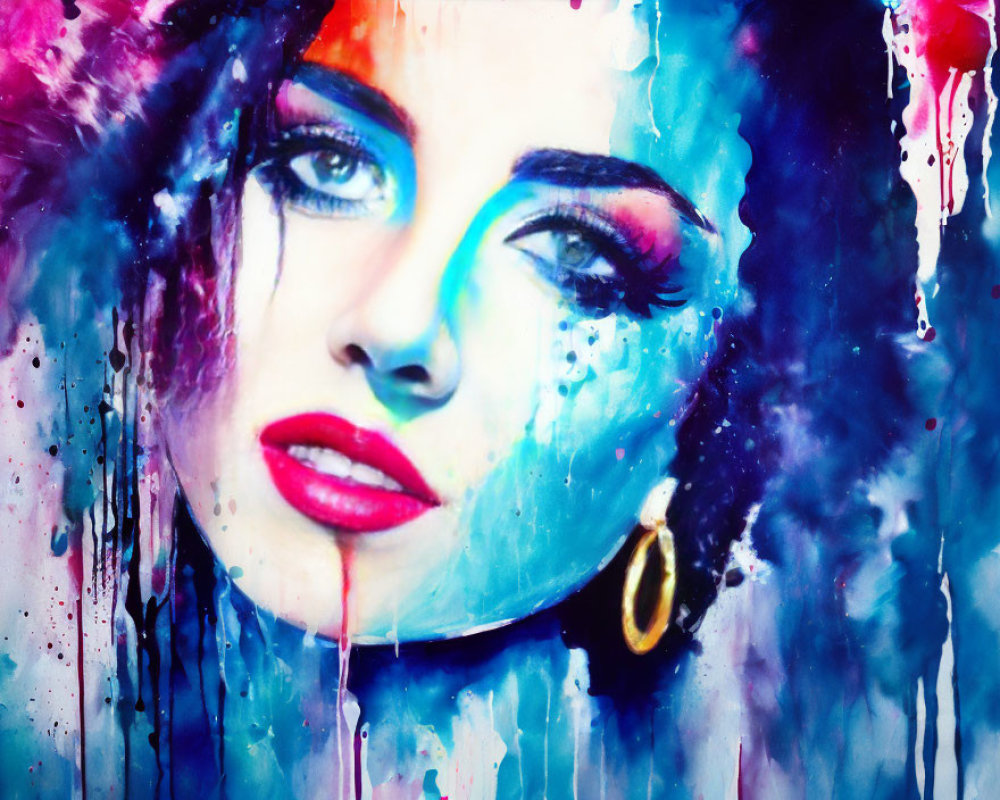 Vibrant abstract portrait with blue and red hues and melting effect