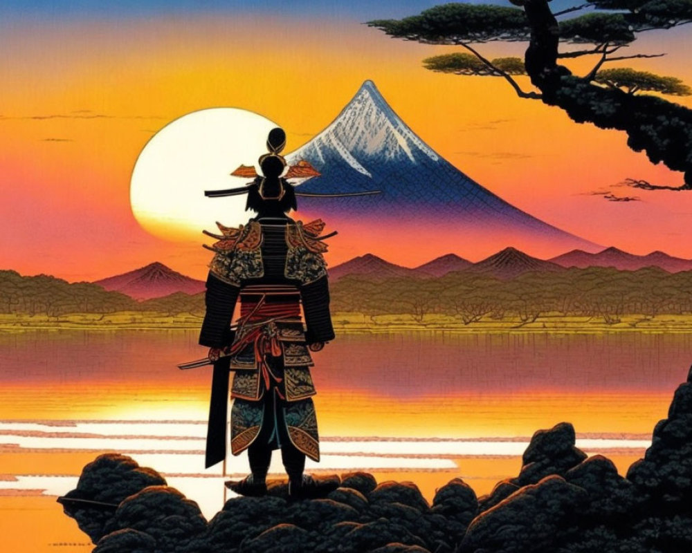 Silhouette of person in Japanese attire with Mt. Fuji in twilight sky.