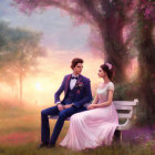 Couple in formal attire on bench in flower-dotted meadow at sunset