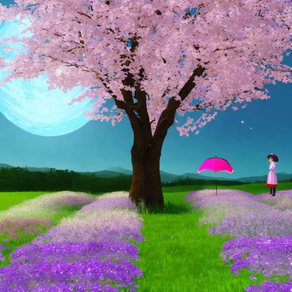 Person with pink umbrella under cherry blossoms in vibrant meadow under surreal blue moon