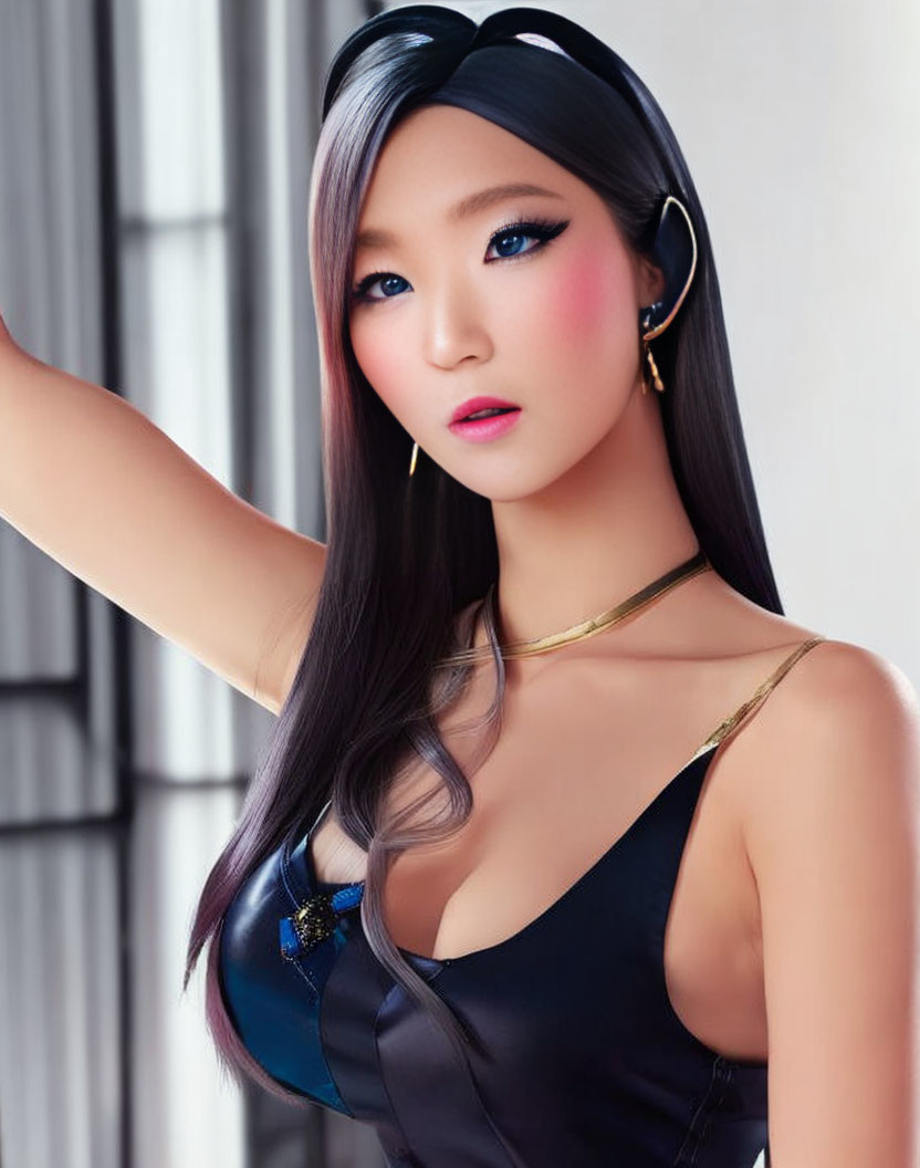 Digital artwork of female figure with long black hair, black outfit, and subtle makeup on blurred background