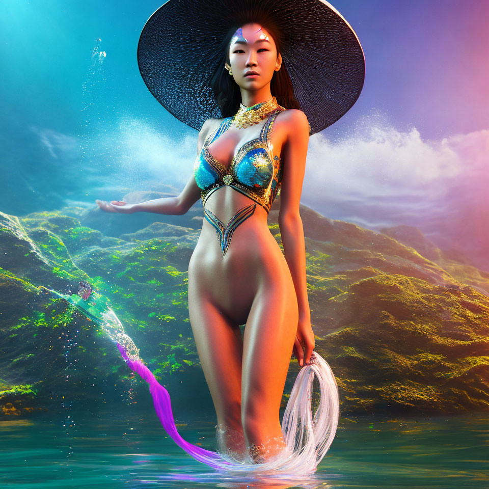 Woman in wide-brimmed hat and ornate bikini with glowing fish-like tail in underwater scene.