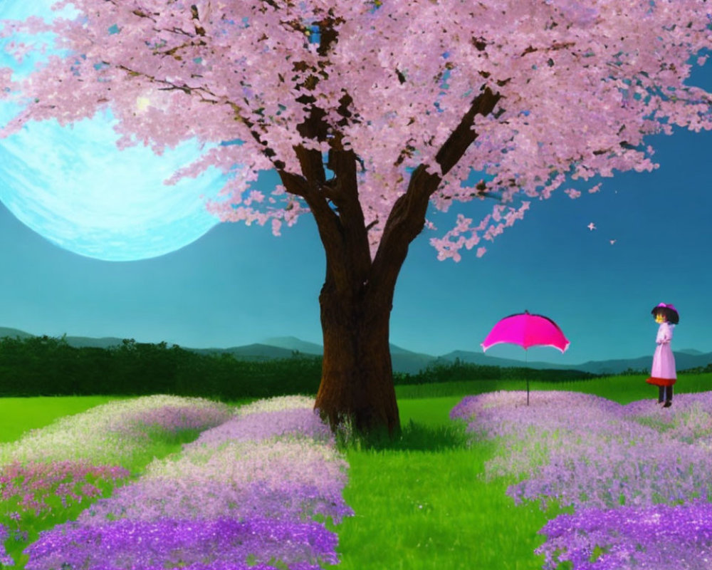 Person with pink umbrella under cherry blossoms in vibrant meadow under surreal blue moon
