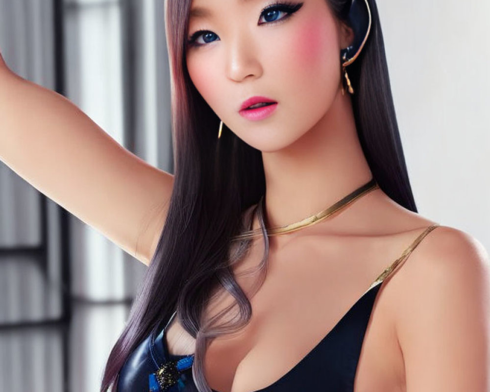 Digital artwork of female figure with long black hair, black outfit, and subtle makeup on blurred background